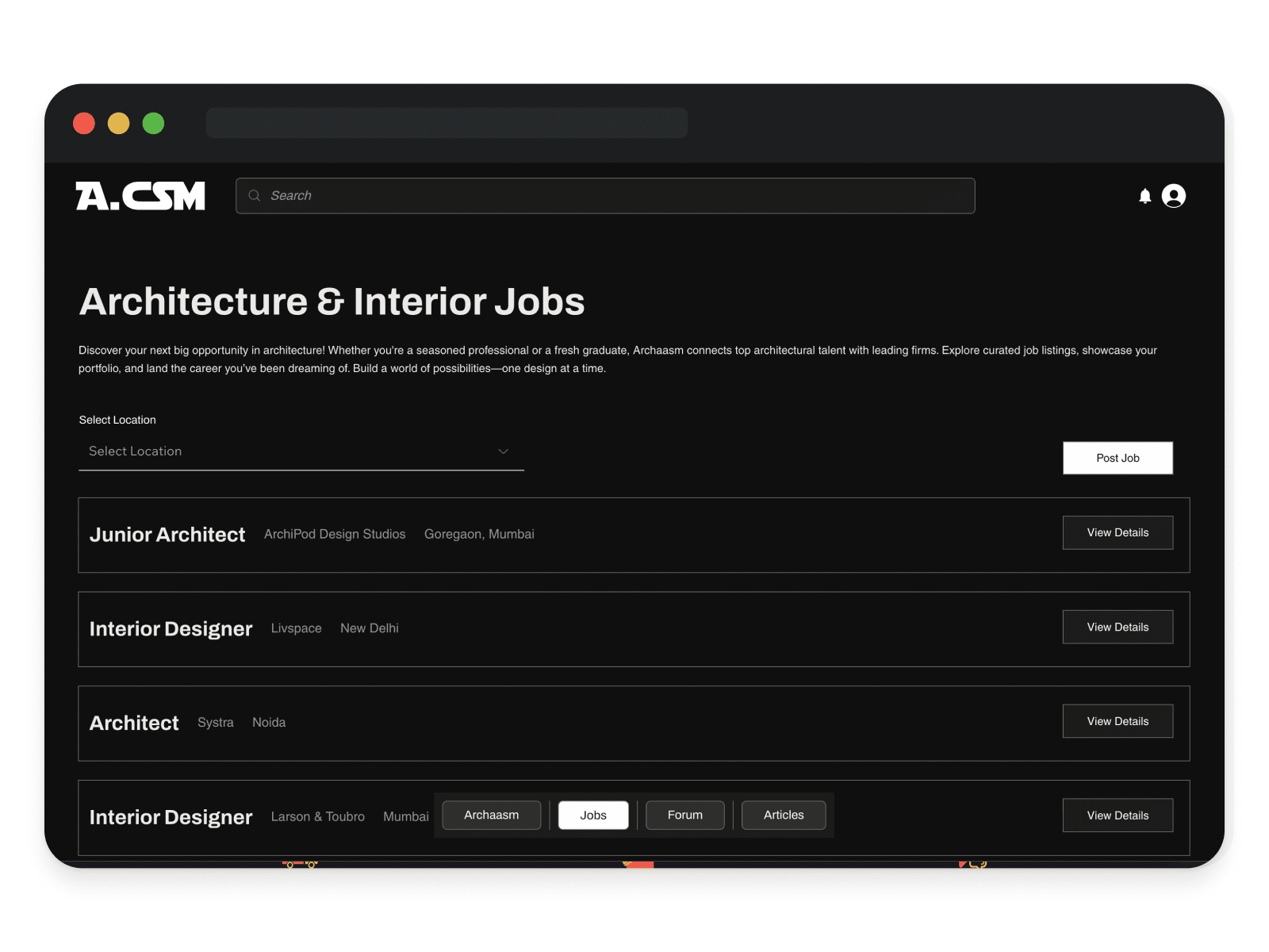 The jobs board — architecture and interiors, filtered by city