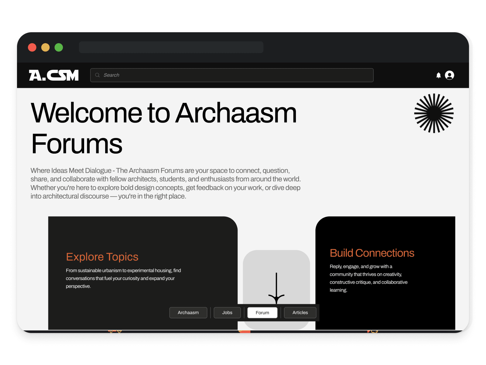 The forums entry point — topics to explore, connections to build