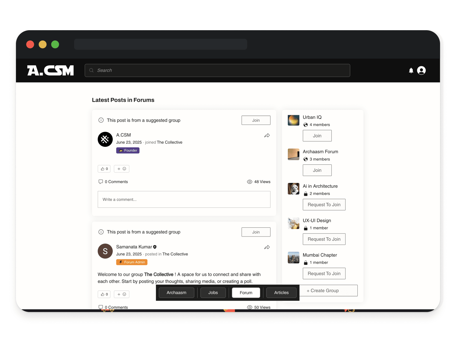 The feed, with groups a member can join or ask to join