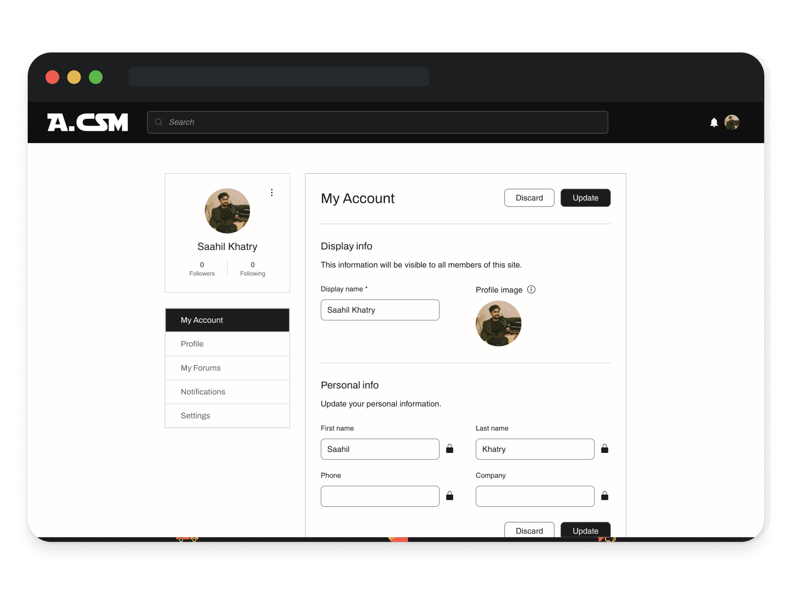 The member account — profile, forums, notifications, settings