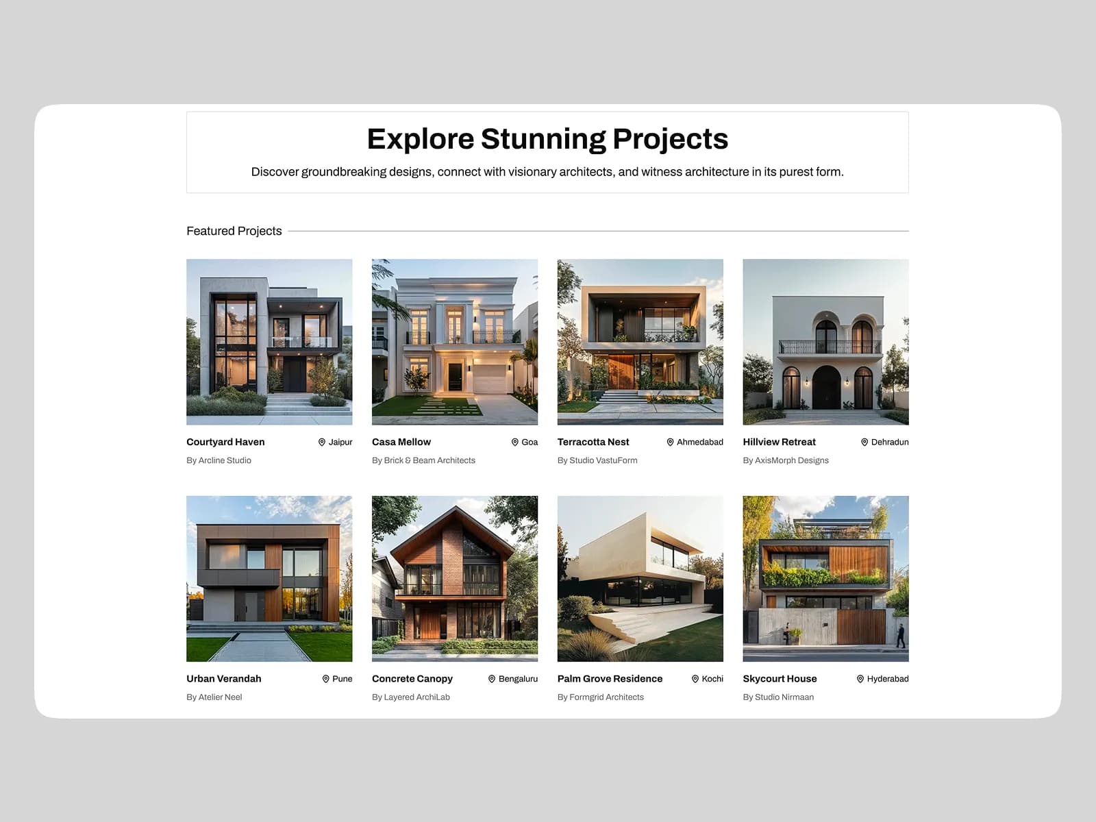 Featured projects — built work browsable by studio and city