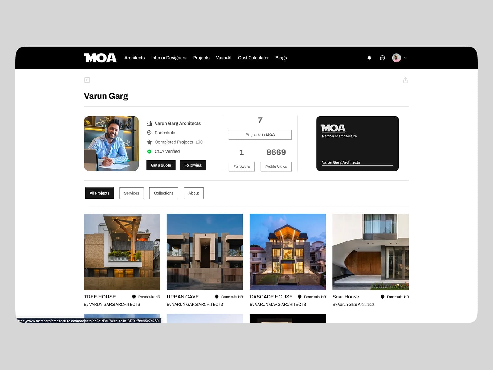 An architect's profile — COA verified, projects, followers and a direct quote