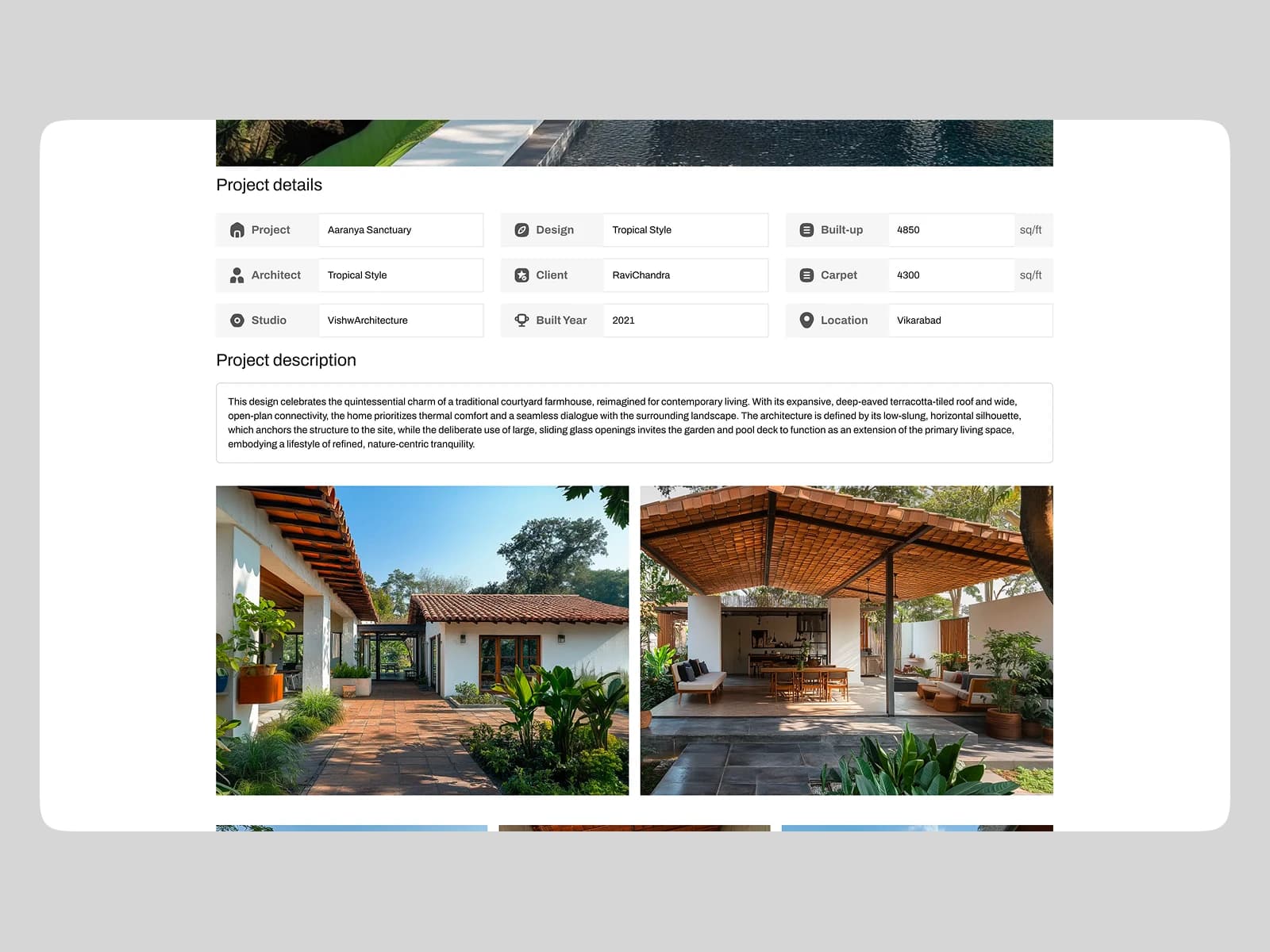 Project details — built-up and carpet area, studio, year and location