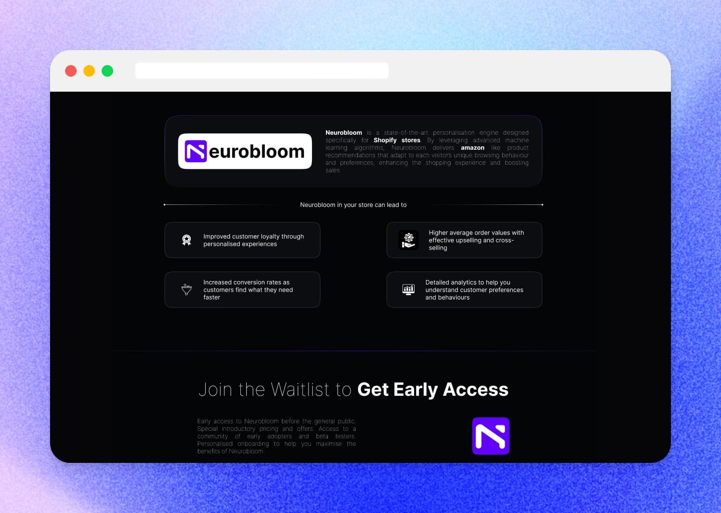 The wordmark in full, the benefits, and the one call to action
