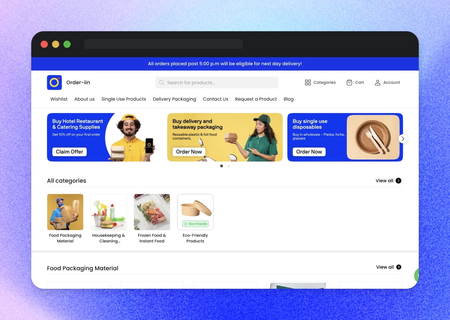 The storefront — categories, search, and the next-day cutoff stated up top