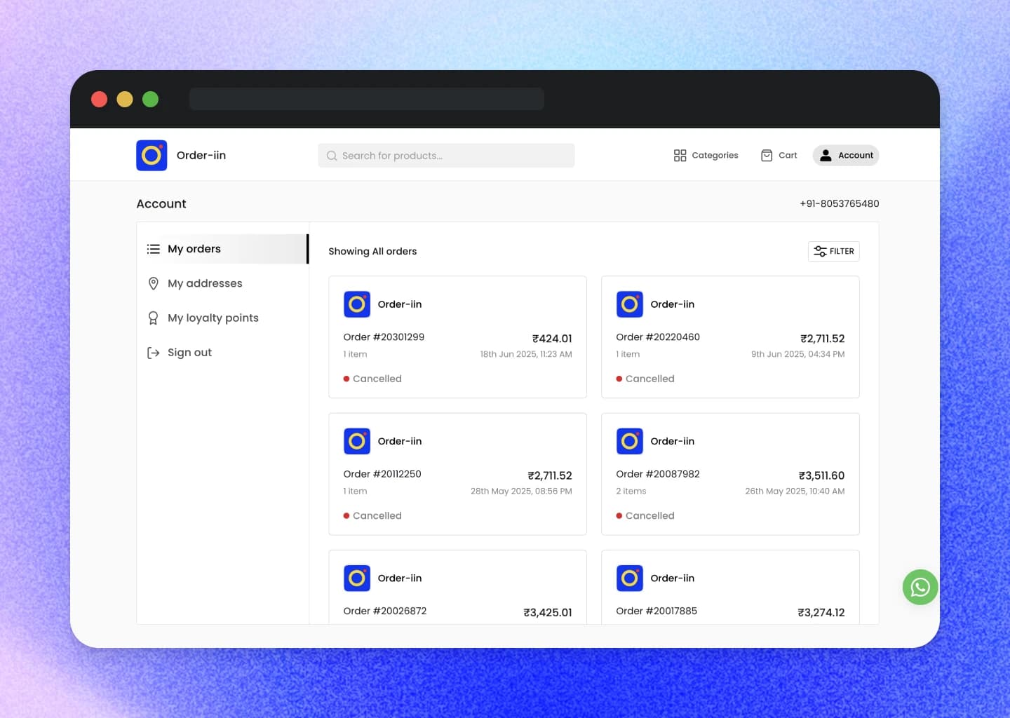 The account — order history, addresses and loyalty points