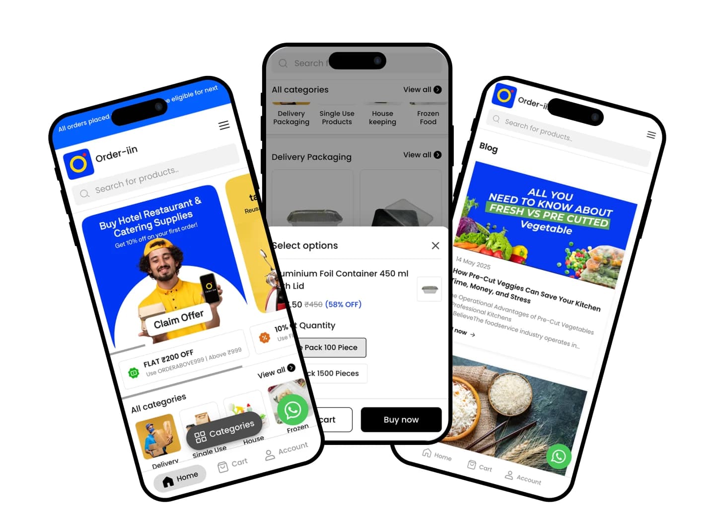 The mobile app — browsing, pack sizes, and checkout on a phone