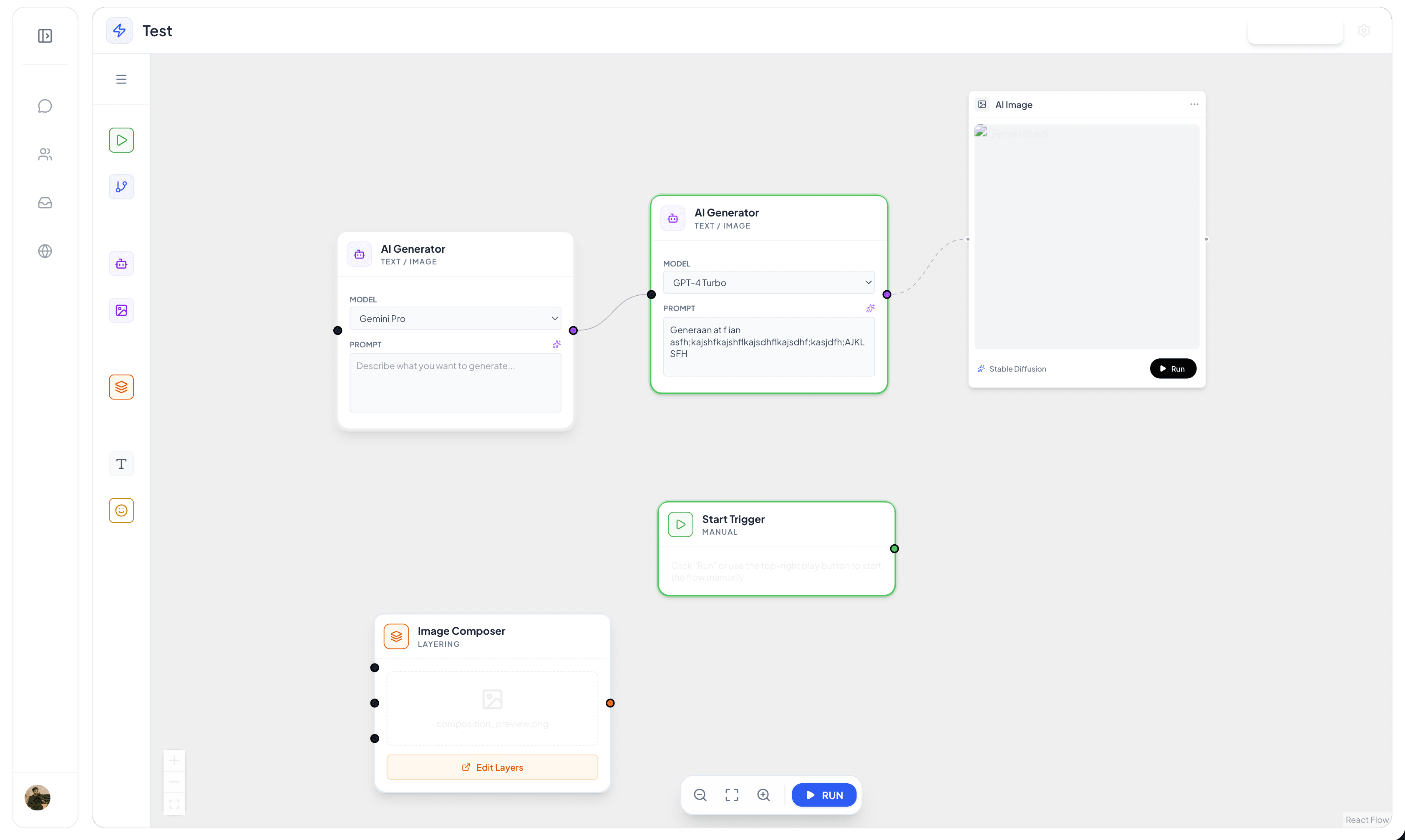 The orchestration canvas — generators wired into a runnable flow