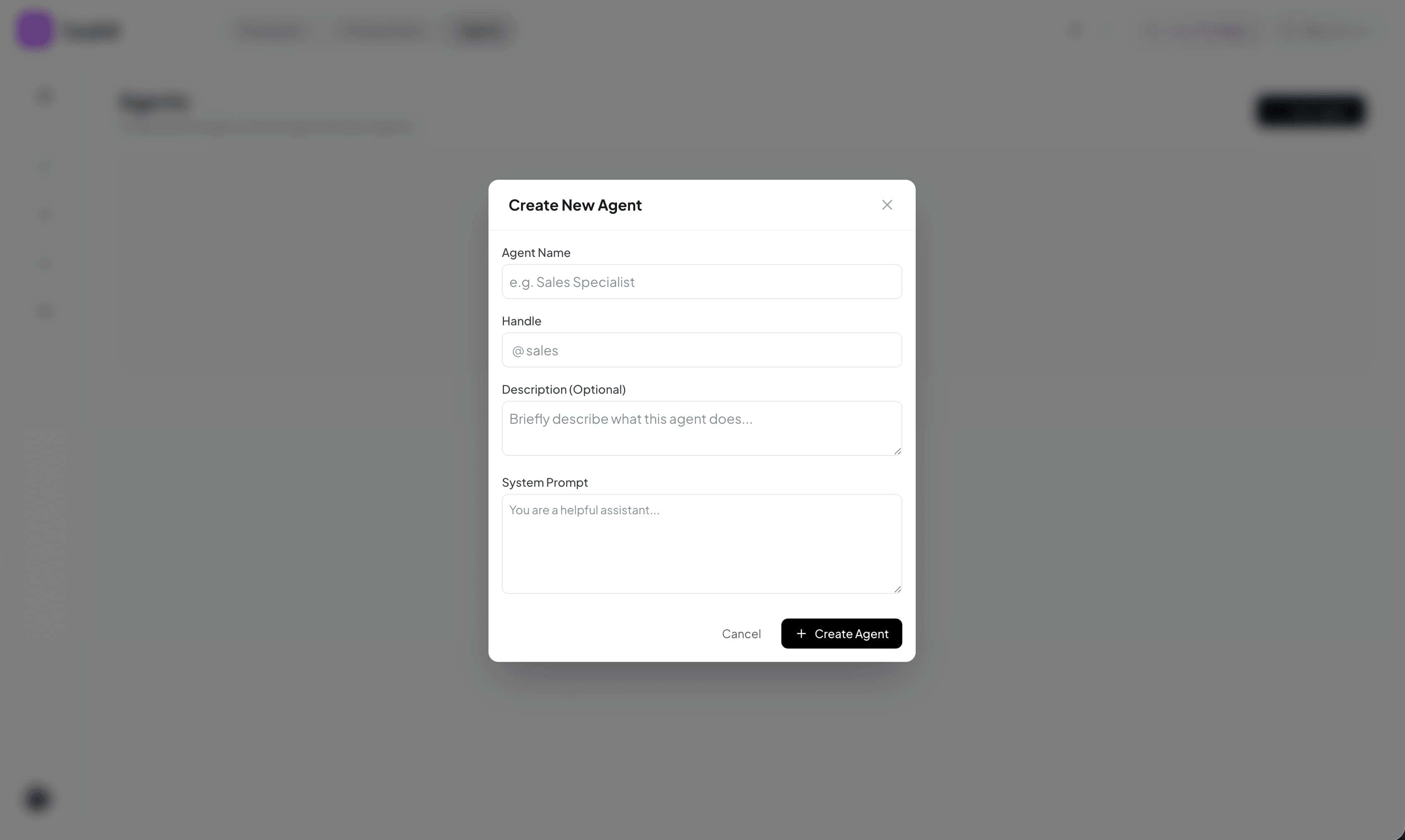 Creating a custom agent — name, handle and system prompt