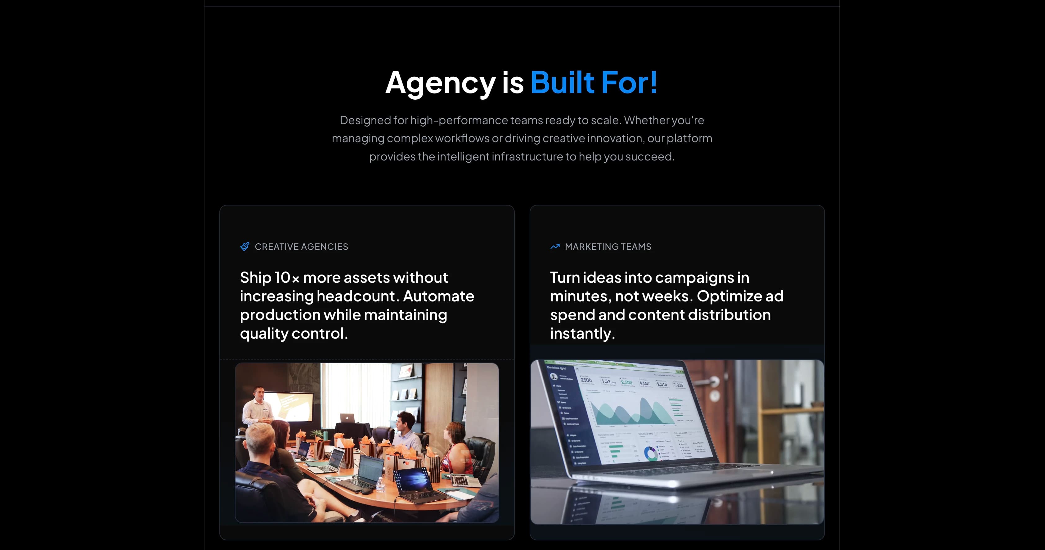 Who the product is built for — creative agencies and marketing teams