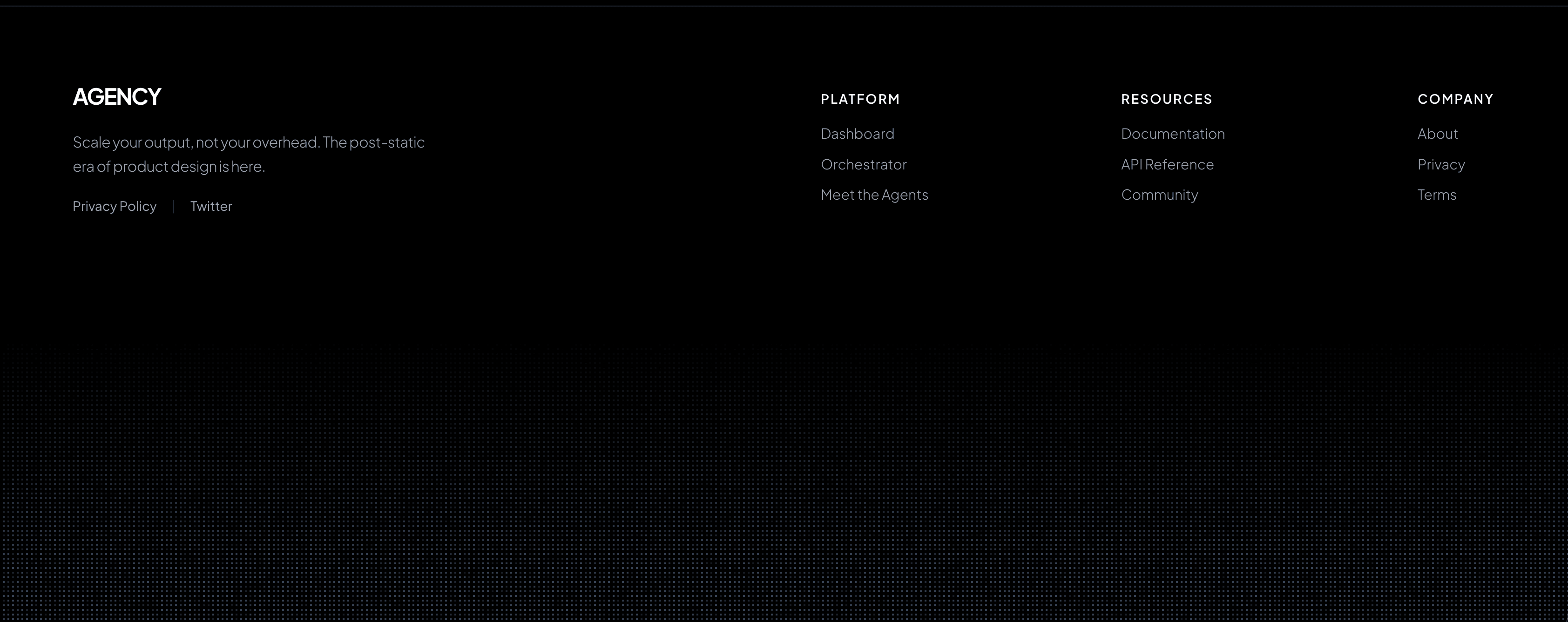 The footer — platform, resources and company